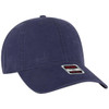 A navy blue 6 panel low profile dad cap with a logo on the front and a curved brim.