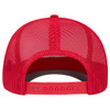 A red trucker hat featuring a mid-profile design with a mesh back and an adjustable strap.