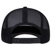 A black trucker cap featuring a mesh back and an adjustable snap closure. The interior is designed for comfort.