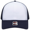 A white and navy blue trucker cap with a mesh back and a logo on the front.