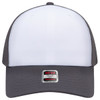A grey and white trucker cap with a mid-profile design and a mesh back. It features a logo on the front.