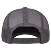 A grey mesh back trucker cap featuring a mid-profile and an adjustable strap at the back.