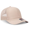 A beige seamless 6 panel mid profile mesh back trucker hat with a logo on the front.