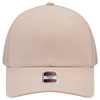 A beige seamless 6 panel mid profile mesh back trucker cap with a logo on the front.