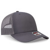A grey mid-profile trucker cap with a seamless design and mesh backing, featuring a logo on the side.