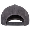 A grey mesh back trucker cap featuring a seamless six-panel design and an adjustable strap.