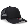 A black mid-profile trucker hat with a mesh back and a branded patch on the front.