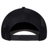A black trucker cap with a mesh back, featuring an adjustable strap and a smooth interior.