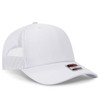 A white six-panel mid-profile trucker cap with a mesh back and a branded label on the front.