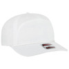 A white 5 panel mid-profile baseball hat featuring a braided accent and a logo on the side.