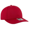 A red seamless 6 panel mid-profile baseball cap with a curved brim and a branding logo.