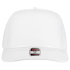 A white 5-panel mid-profile baseball cap with a brand label on the front and a decorative trim on the peak.