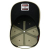 A khaki 5 panel mid profile baseball cap with a black underside and a logo inside.