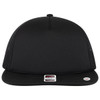 A black 5 panel style trucker cap with a structured front and mesh sides, featuring a logo on the label.