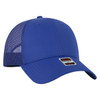 A blue low profile trucker cap with a mesh back and a logo badge on the front.