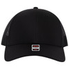 A black low-profile trucker cap featuring mesh panels and a logo tag on the front.