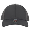 A grey low profile trucker cap with mesh sides and a branded tag at the front.