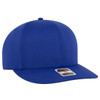 A blue 6-panel pro style snapback hat with a flat brim and an attached logo.