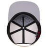 An overhead view of a grey and beige 5 Panel Pro Style Snapback Hat with a patterned interior and a logo.
