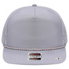 A light grey 5 panel snapback hat with a braided rope detail and a logo tag on the front.