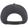 A black 5 panel snapback cap featuring a rear adjustable strap and a logo.
