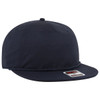 A navy 5 panel pro style snapback cap featuring a textured brim and a logo patch.