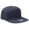 A navy blue 5 panel snapback cap with a chain detail on the brim and a logo tag.