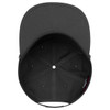 A black 5 Panel Pro Style Snapback Cap with an interior view showcasing its structure and logo.