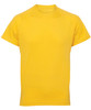 A yellow panelled tech t-shirt featuring short sleeves and a round neckline. It has a logo on it.