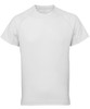 A white panelled tech T-shirt with short sleeves and a crew neckline, featuring a logo on one side.