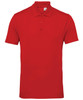 A red panelled polo shirt with a classic collar and short sleeves, featuring a logo on the chest.