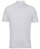 A white panelled polo shirt with a collared neck and short sleeves. The shirt features a logo.