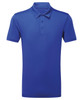 A blue panelled polo shirt featuring a collar and three buttons, with a logo on the chest area.