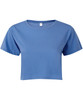 A blue crop top with short sleeves and a round neckline, featuring a tag inside.
