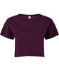 A cropped top in a rich burgundy colour with short sleeves and a round neckline, featuring a label inside.