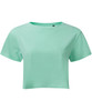 A mint green crop top with short sleeves and a round neckline, featuring a logo on the label.
