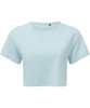 A light blue crop top with short sleeves and a crew neckline, featuring a small logo.