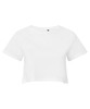 A white crop top with short sleeves and a slightly cropped hemline. It has a simple design and features a logo.