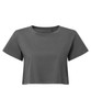 A grey crop top with short sleeves and a round neckline. Features a logo on the side.