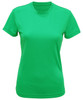 A green performance t-shirt with a crew neck and short sleeves, featuring a logo.