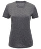 A grey performance t-shirt with a round neckline and short sleeves. It has a simple design and includes a logo.