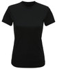 A black performance T-shirt with a crew neck and short sleeves, featuring a logo on the chest.
