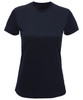 A navy blue performance T-shirt with a round neckline and short sleeves, featuring a logo.