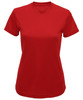 A red performance T-shirt featuring a classic crew neck and short sleeves. It has a logo on the front.