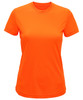 An orange performance T-shirt with a round neck and short sleeves, featuring a logo on the front.
