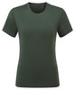 A green performance t-shirt with short sleeves and a round neck, featuring a logo on the front.