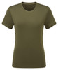 An olive green performance t-shirt featuring a round neck and short sleeves. The shirt has a logo.