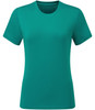 A teal performance T-shirt with a classic crew neck and short sleeves. It features a logo on the front.