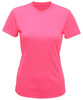 A pink performance t-shirt with a classic crew neck design and short sleeves, featuring a logo.