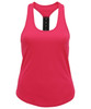 A bright pink strap back vest with a black back panel and a fitted design. It features a logo on the back.